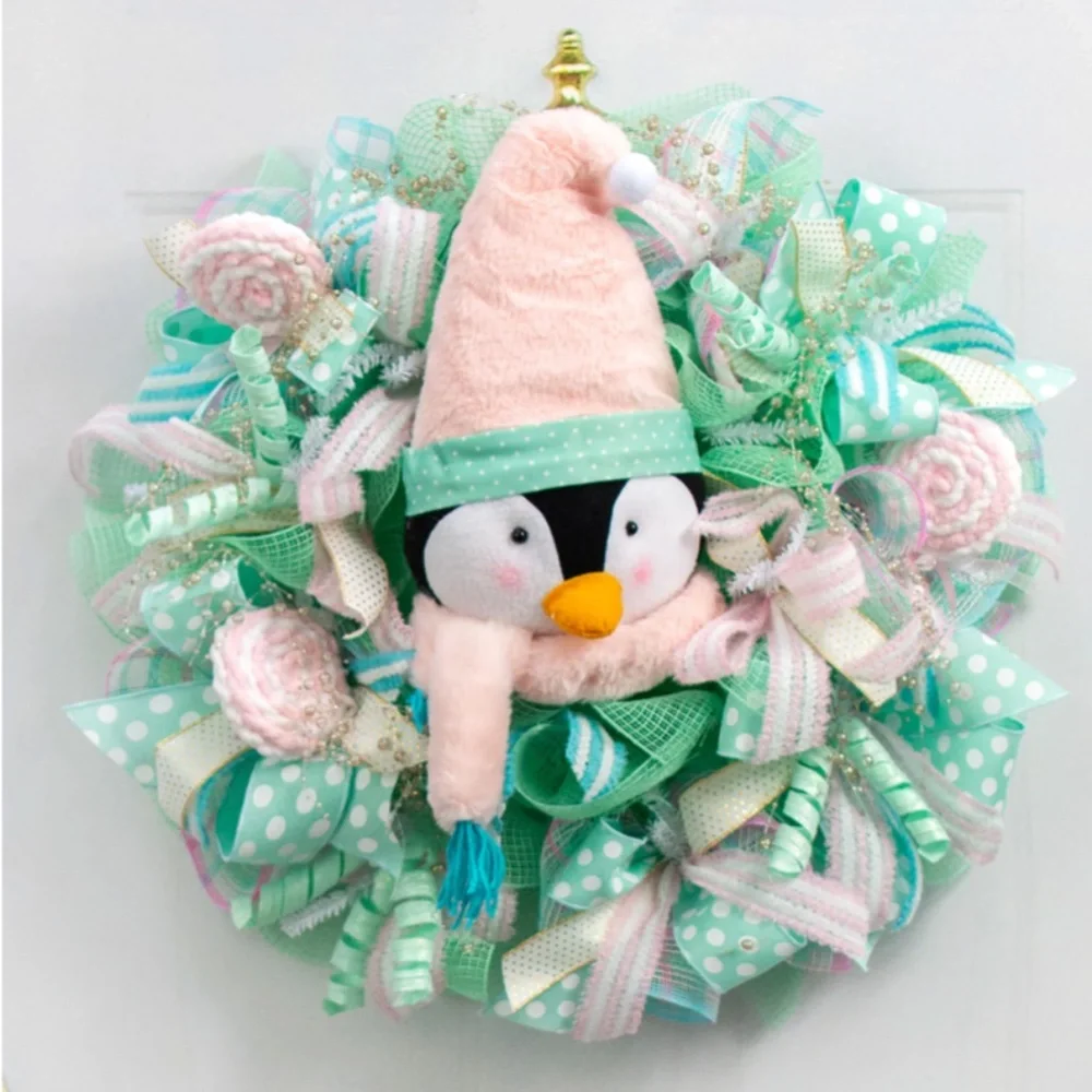 22” Plush Penguin Head Wreath Accent Pink Mint Green Wired Hat Scarf Pre-Wired